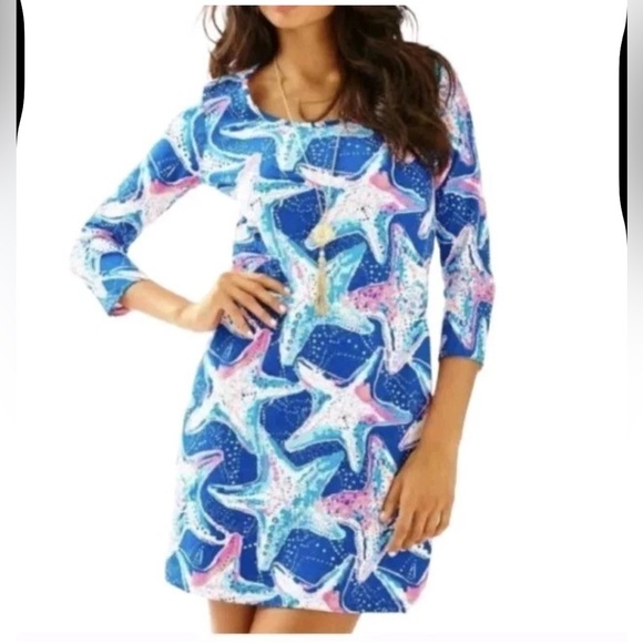 Lilly Pulitzer Beacon Dress Star Struck Print Starfish Blue Pink Coastal Stretch - Picture 1 of 10